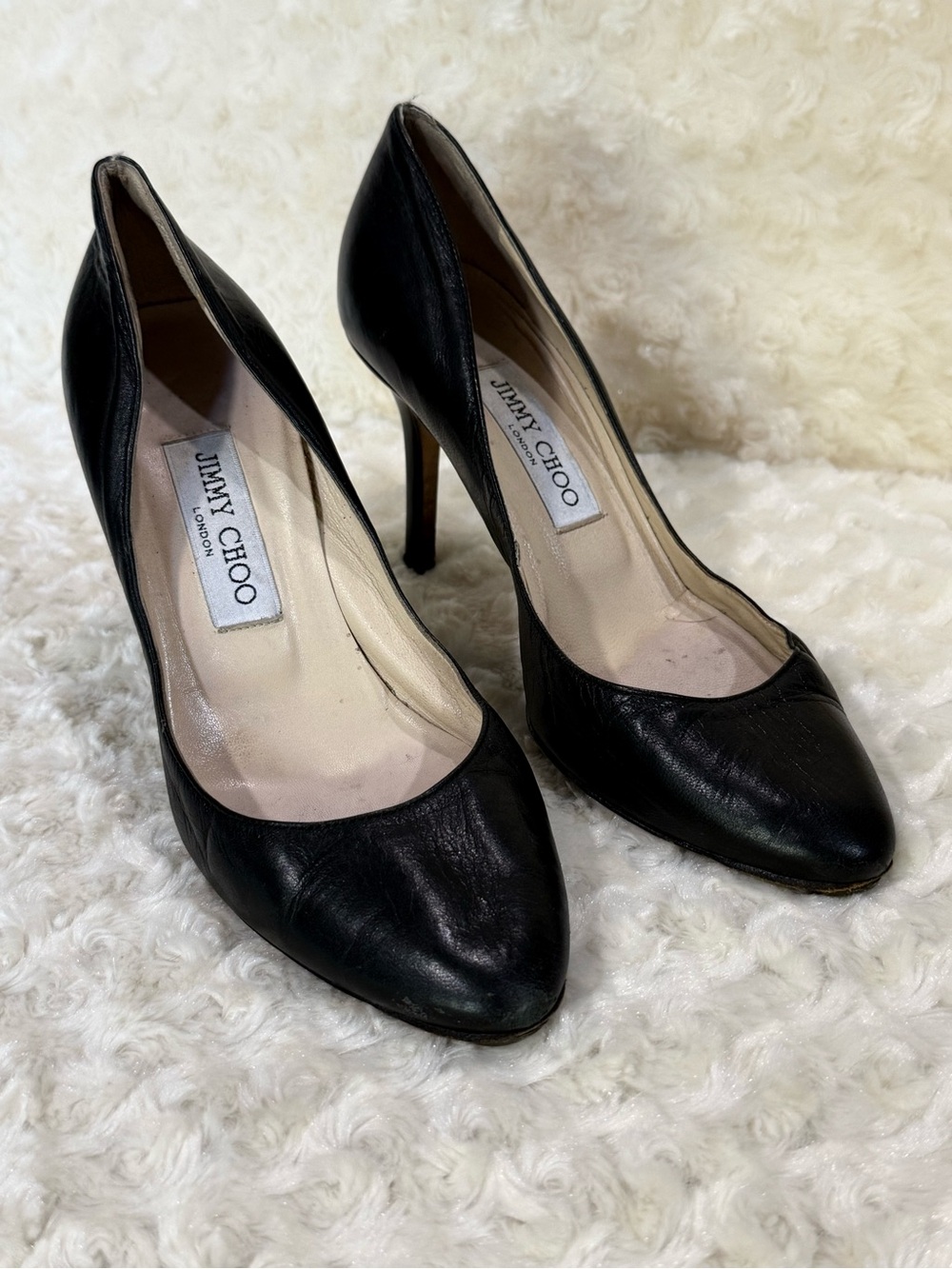 Jimmy Choo Black Leather Pointed Toe Stiletto Pumps, sz 37